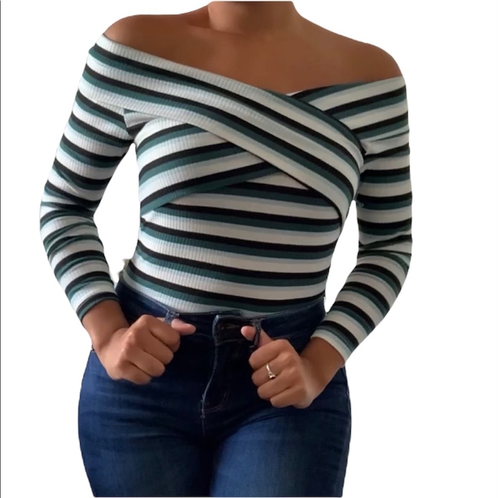 Charlotte Russe Striped Off the Shoulder Front Cross Top